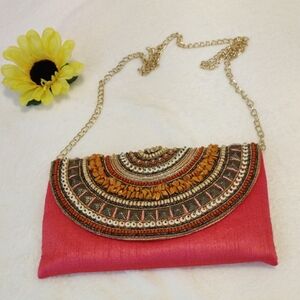 Pink Beaded Clutch with Gold Chain